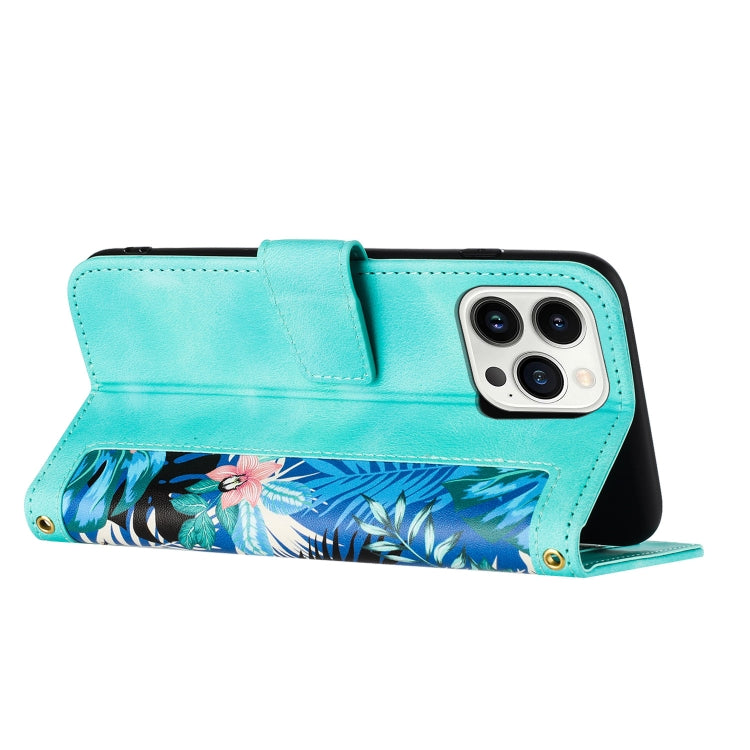 Funda de Cuero para iPhone 16 Pro Max Estampado Floral con Cordón (Verde)