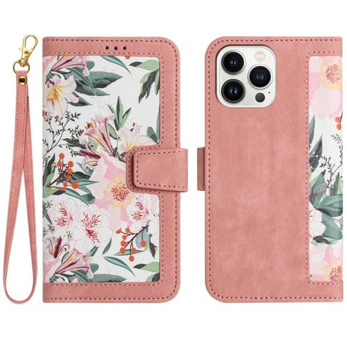 Funda de Cuero para iPhone 16 Pro Max con Estampado Floral y Cordón (Rosa)