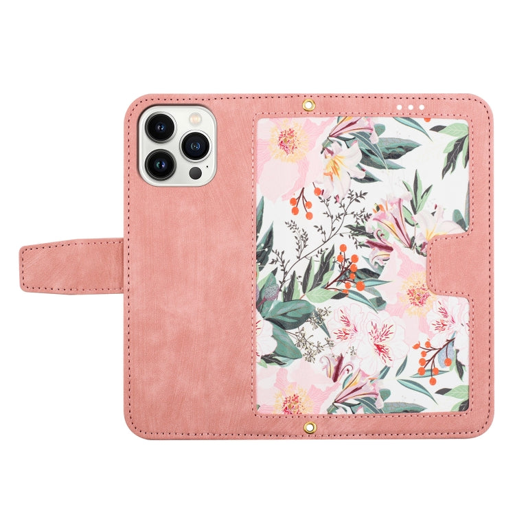 Funda de Cuero con Estampado Floral para iPhone 16 Pro con Cordón (Rosa)