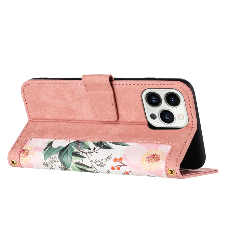 Funda de Cuero con Estampado Floral para iPhone 16 Pro con Cordón (Rosa)