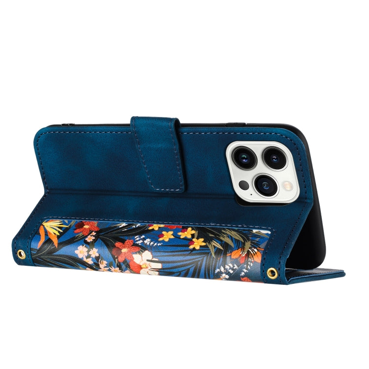 Funda de Cuero para iPhone 16 Pro Estampado Floral con Cordón (Azul Oscuro)