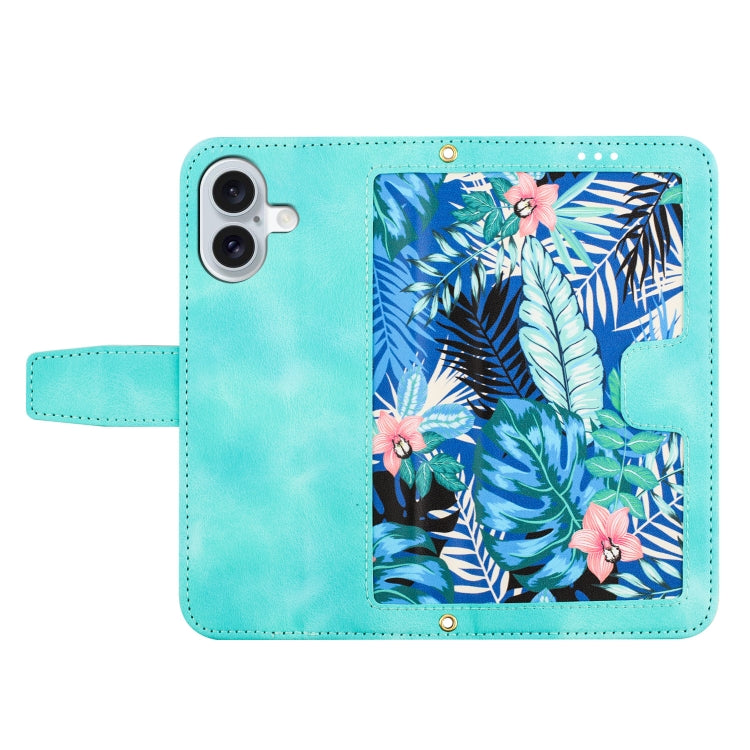 Funda de Cuero para iPhone 16 con Estampado Floral y Cordón (Verde)