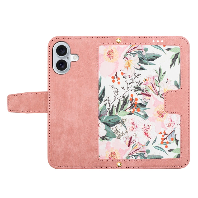 Funda de Cuero iPhone 16 Estampado Floral con Cordón (Rosa)