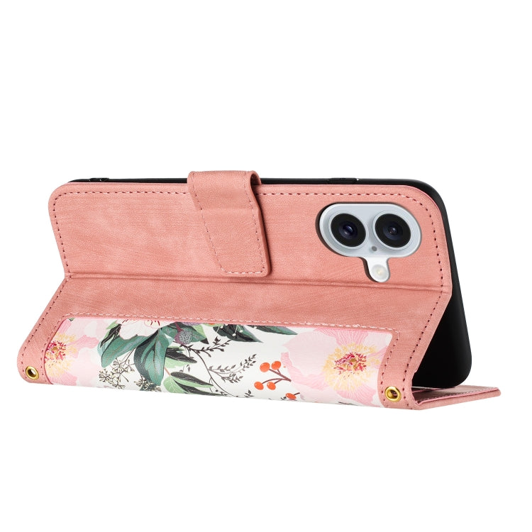 Funda de Cuero iPhone 16 Estampado Floral con Cordón (Rosa)