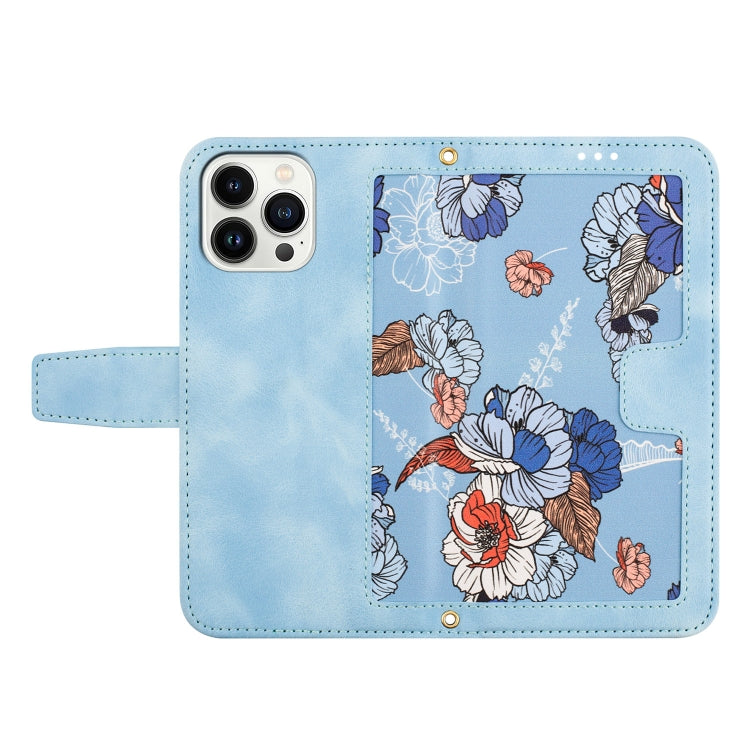 Funda de Cuero iPhone 15 Pro Max Estampado Floral con Cordón (Azul Claro)