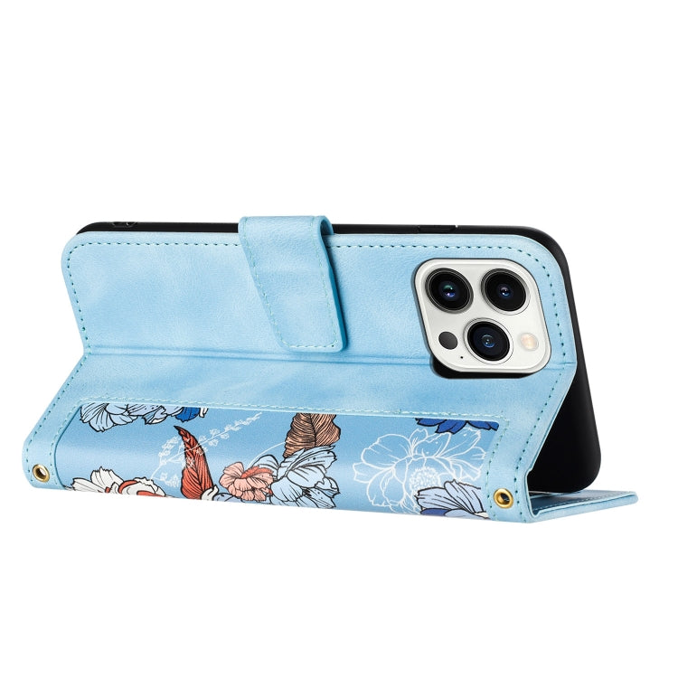 Funda de Cuero iPhone 15 Pro Max Estampado Floral con Cordón (Azul Claro)