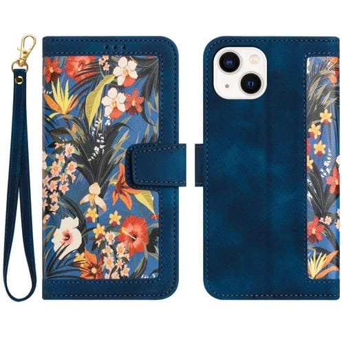Funda de Piel para iPhone 14 Plus con Estampado Floral y Cordón (Azul Oscuro)
