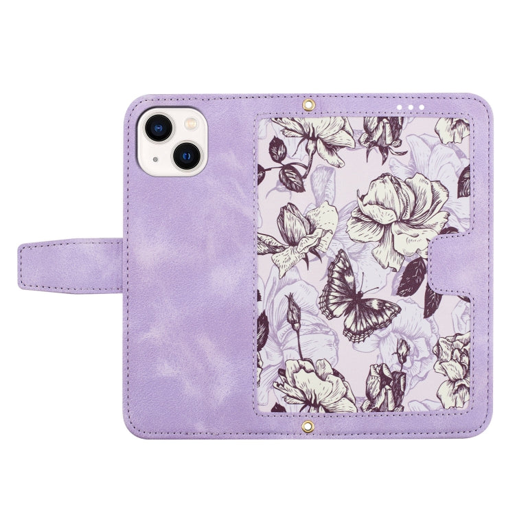 Funda de Piel para iPhone 14 con Estampado Floral y Cordón (Morado Claro)