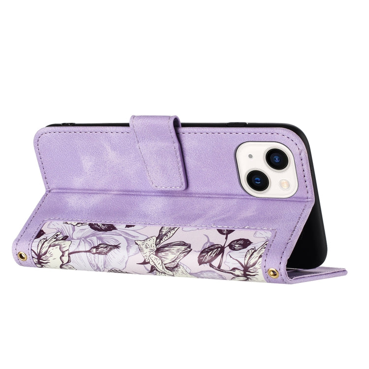 Funda de Piel para iPhone 14 con Estampado Floral y Cordón (Morado Claro)