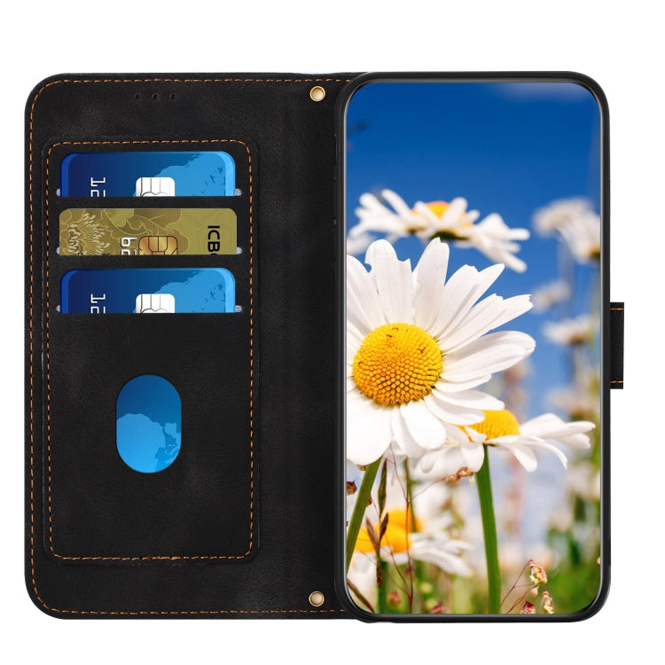 Funda de Piel para iPhone 14 con Estampado Floral y Cordón (Negro)