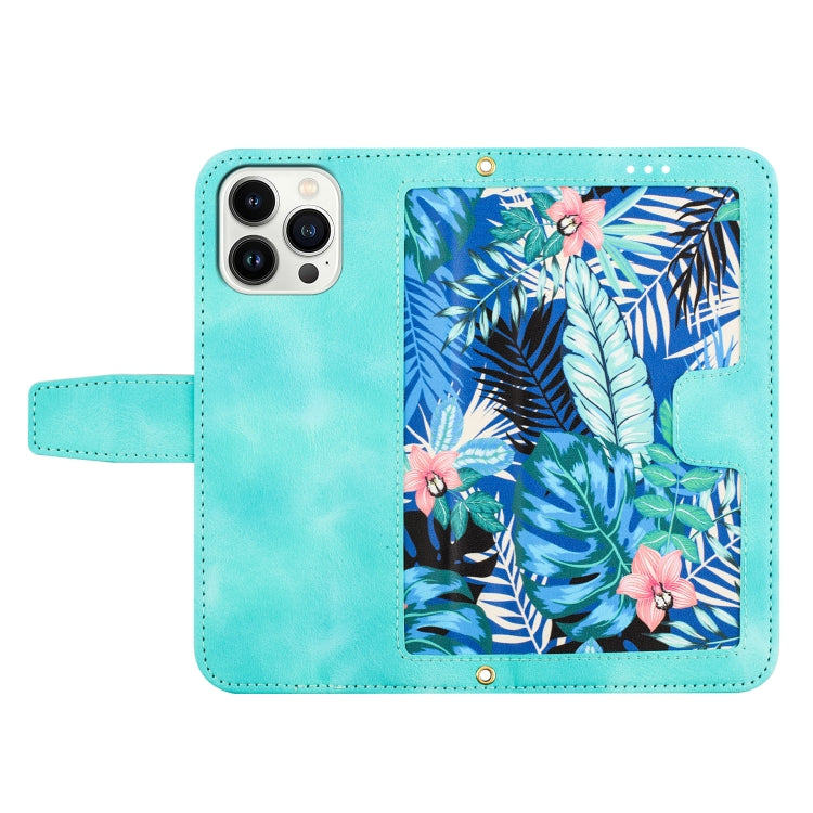 Funda de Cuero para iPhone 14 Pro con Estampado Floral y Cordón (Verde)