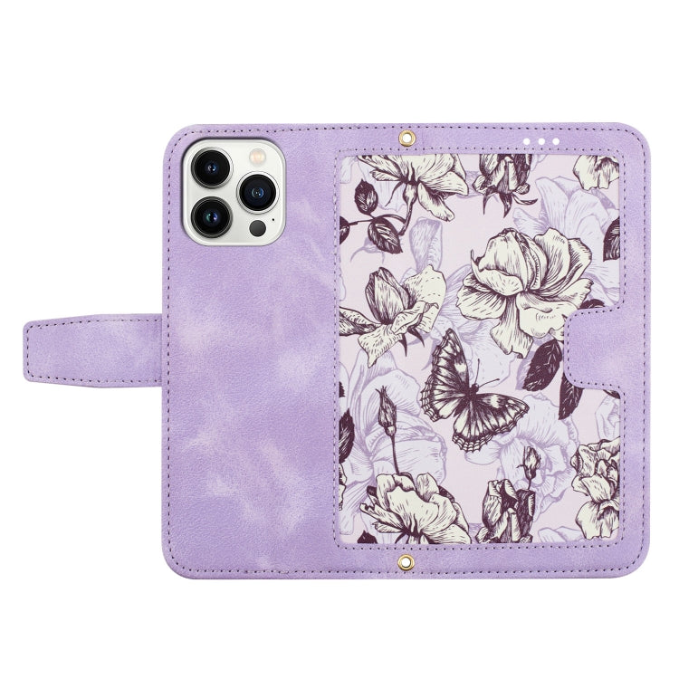 Funda de Cuero para iPhone 14 Pro Estampado Floral con Cordón (Morado Claro)