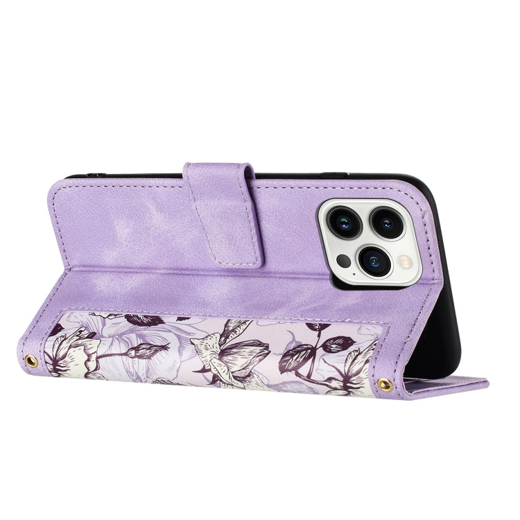 Funda de Cuero para iPhone 14 Pro Estampado Floral con Cordón (Morado Claro)