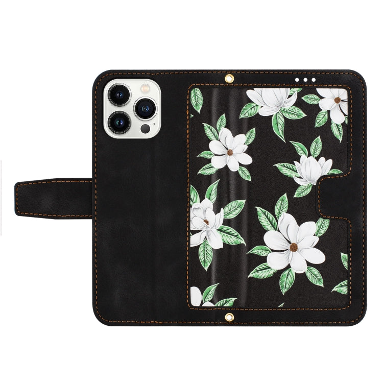 Funda de Cuero para iPhone 14 Pro Max con Estampado Floral y Cordón (Negro)