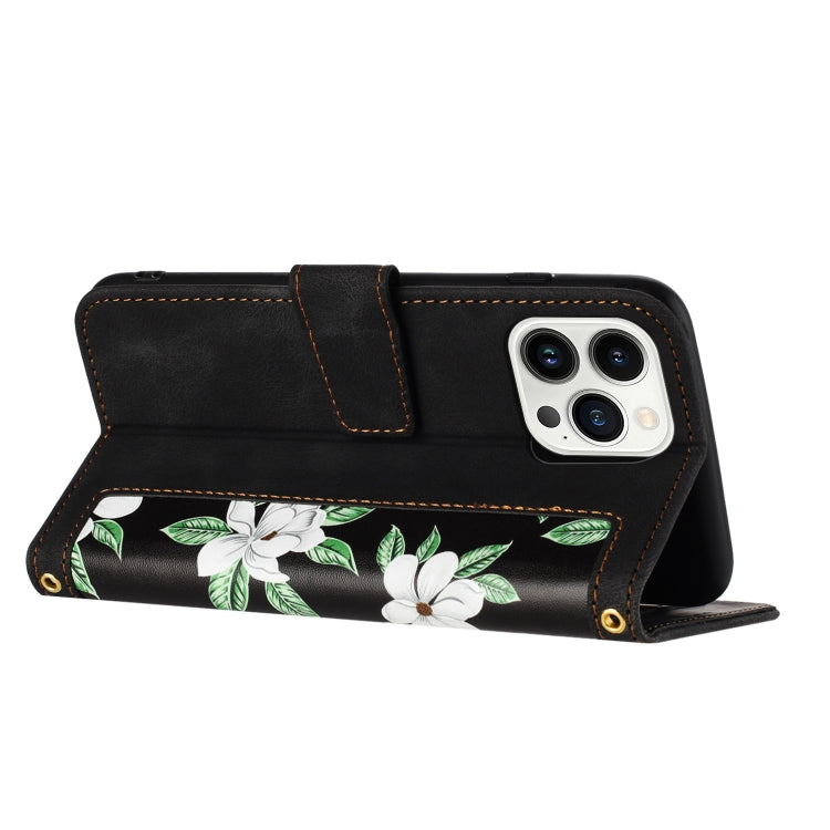 Funda de Cuero para iPhone 14 Pro Max con Estampado Floral y Cordón (Negro)