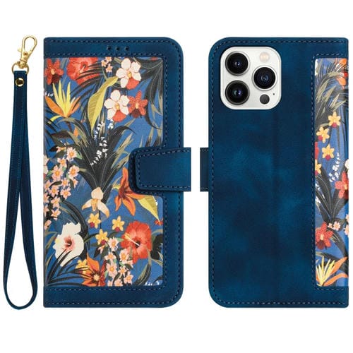 Funda de Cuero iPhone 14 Pro Max Estampado Floral con Cordón (Azul Oscuro)