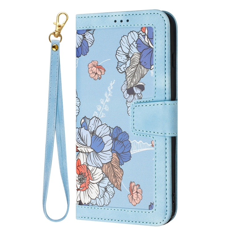 Funda de Piel con Estampado Floral y Cordón para iPhone Se 2022/2020 (Azul Claro)