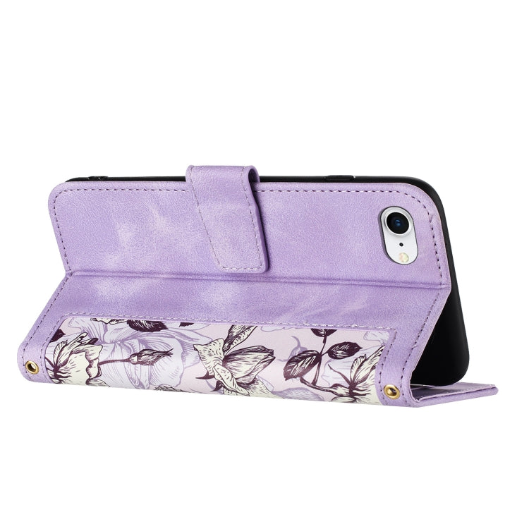 Funda de Piel para iPhone Se 2022/2020 Estampado Floral con Cordón (Morado Claro)