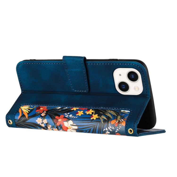Funda de Cuero para iPhone 13 Pro Estampado Floral con Cordón (Azul Oscuro)