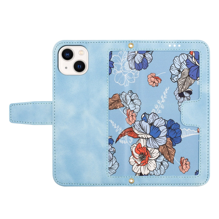 Funda de Cuero con Estampado Floral para iPhone 13 Mini con Cordón (Azul Claro)