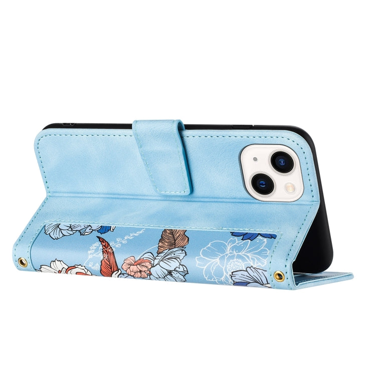 Funda de Cuero con Estampado Floral para iPhone 13 Mini con Cordón (Azul Claro)