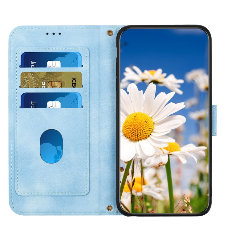 Funda de Cuero con Estampado Floral para iPhone 13 Mini con Cordón (Azul Claro)