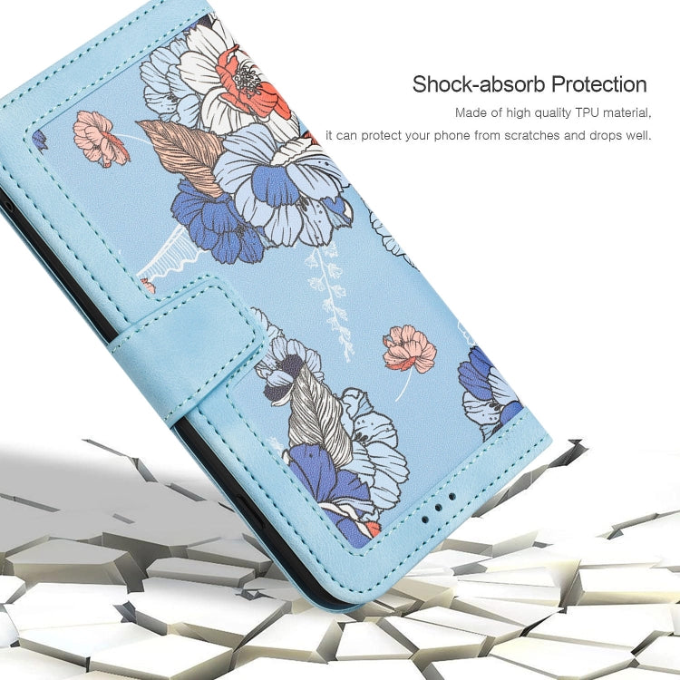 Funda de Cuero con Estampado Floral para iPhone 13 Mini con Cordón (Azul Claro)