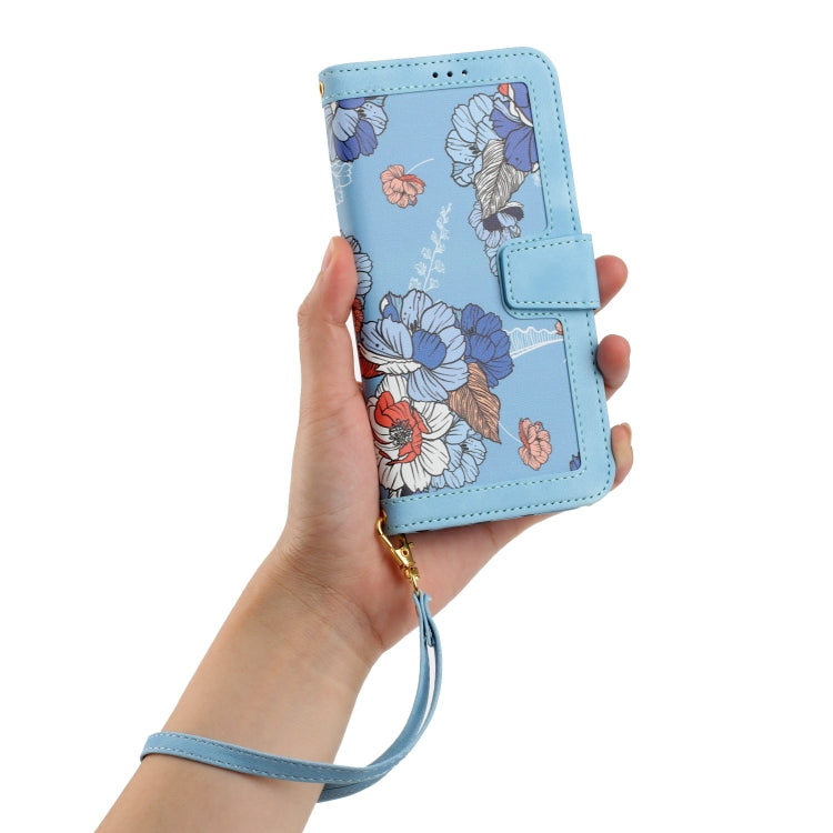 Funda de Cuero con Estampado Floral para iPhone 13 Mini con Cordón (Azul Claro)
