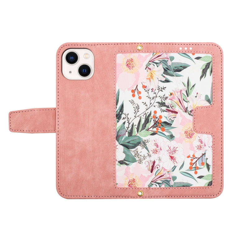 Funda de Cuero con Estampado Floral para iPhone 13 Mini con Cordón (Rosa)