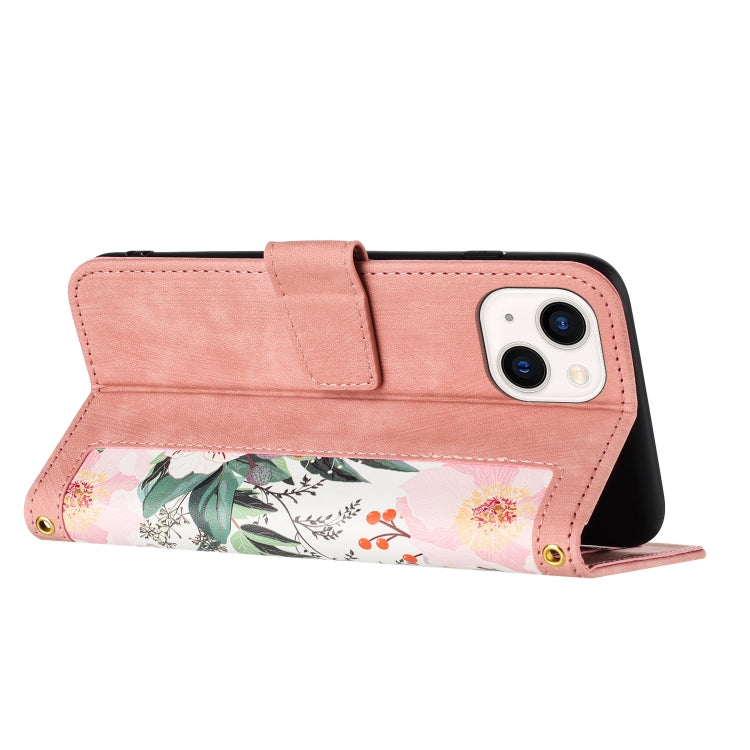 Funda de Cuero con Estampado Floral para iPhone 13 Mini con Cordón (Rosa)