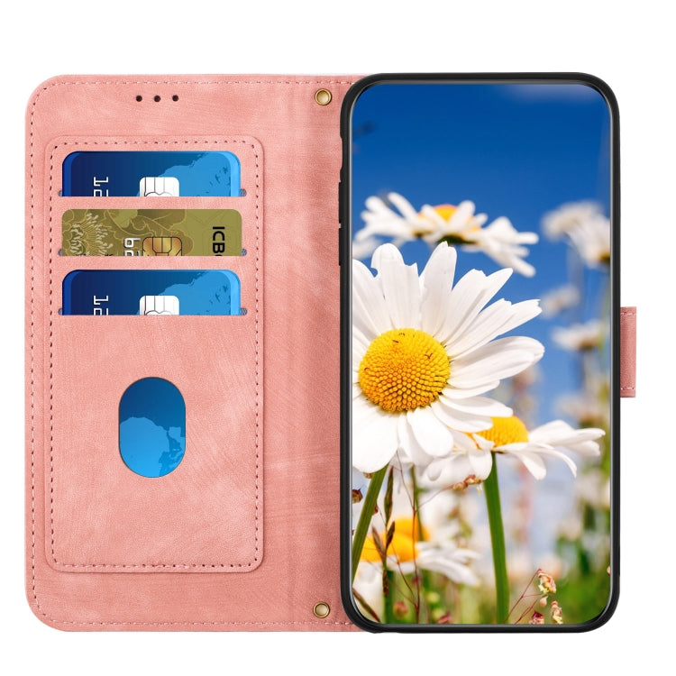 Funda de Cuero con Estampado Floral para iPhone 13 Mini con Cordón (Rosa)