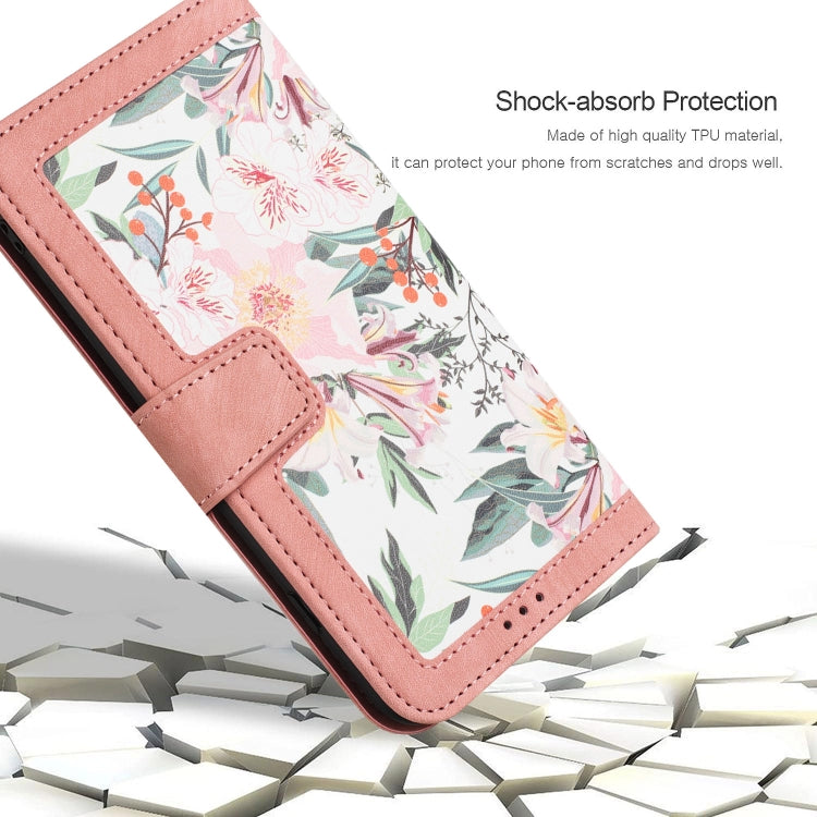 Funda de Cuero con Estampado Floral para iPhone 13 Mini con Cordón (Rosa)