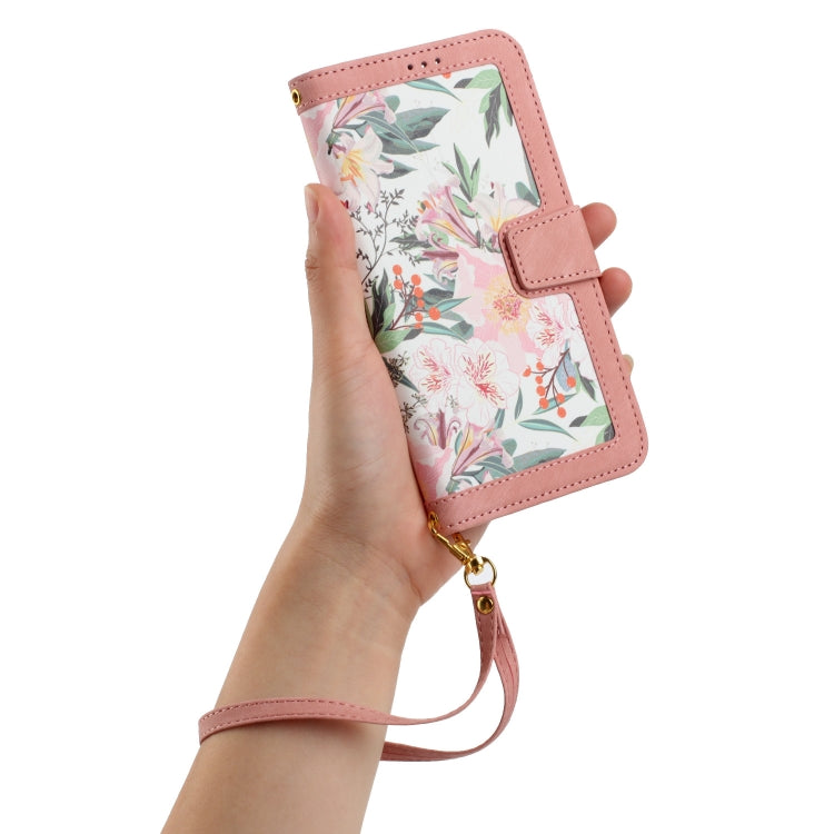 Funda de Cuero con Estampado Floral para iPhone 13 Mini con Cordón (Rosa)