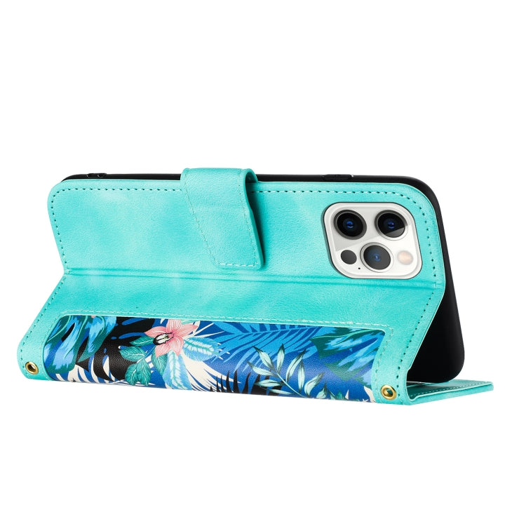 Funda de Cuero iPhone 12 Pro Max Estampado Floral con Cordón (Verde)