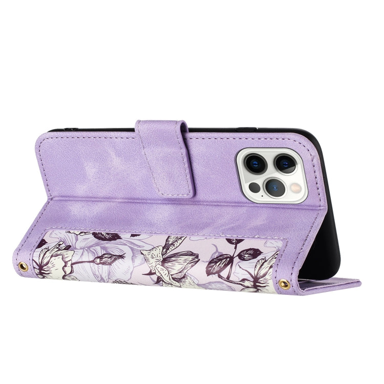 Funda de Cuero para iPhone 12 Pro Max con Estampado Floral y Cordón (Morado Claro)