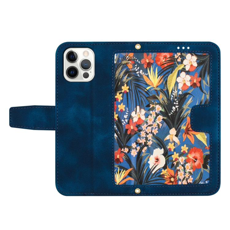 Funda de Cuero iPhone 12 Pro Max Estampado Floral con Cordón (Azul Oscuro)
