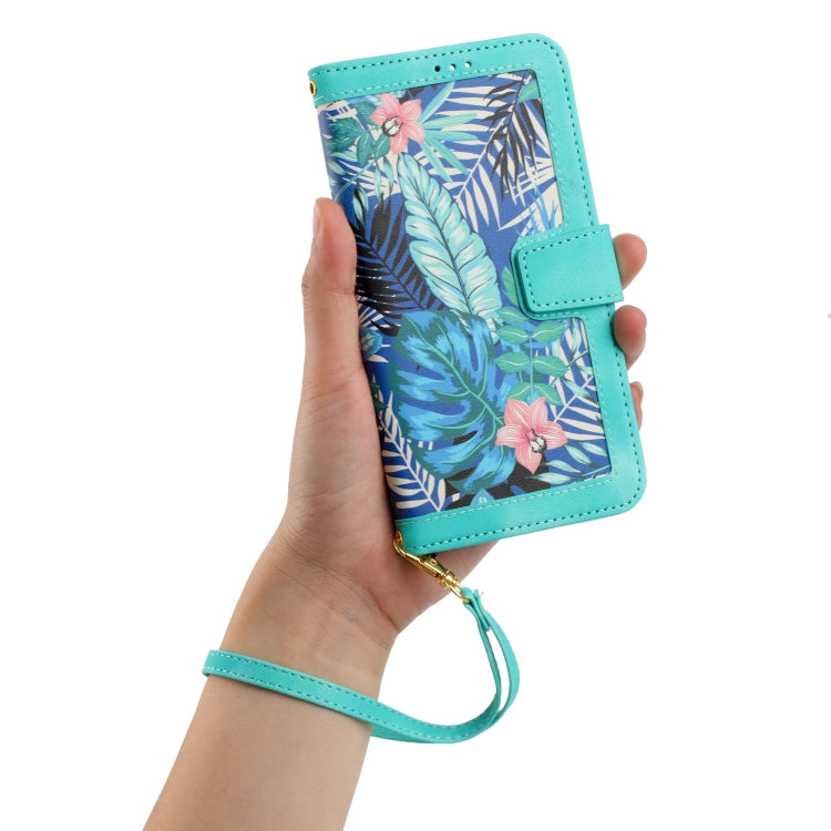 Funda de Cuero para iPhone 11 Pro Max con Estampado Floral y Cordón (Verde)