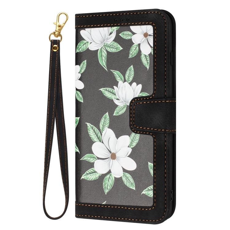 Funda de Cuero para iPhone 11 Pro Max con Estampado Floral y Cordón (Negro)