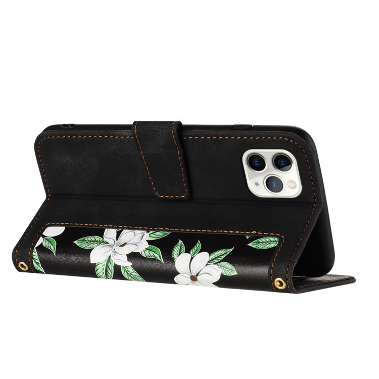 Funda de Cuero para iPhone 11 Pro Max con Estampado Floral y Cordón (Negro)