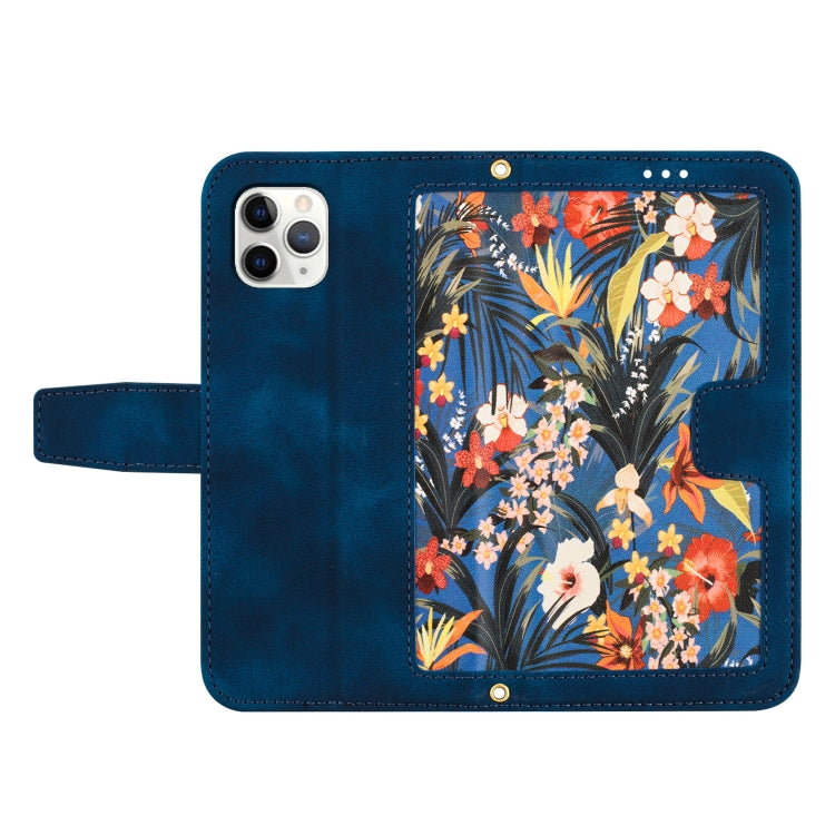 Funda de Cuero iPhone 11 Pro Max Estampado Floral con Cordón (Azul Oscuro)