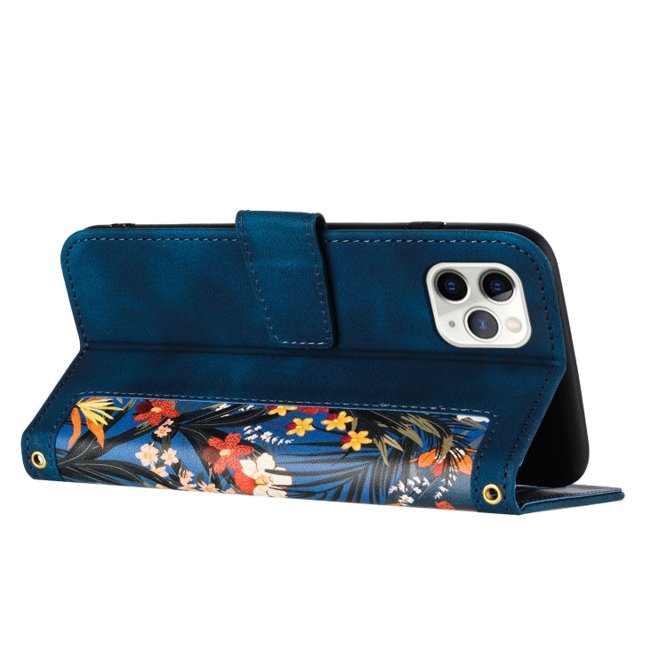 Funda de Cuero iPhone 11 Pro Max Estampado Floral con Cordón (Azul Oscuro)