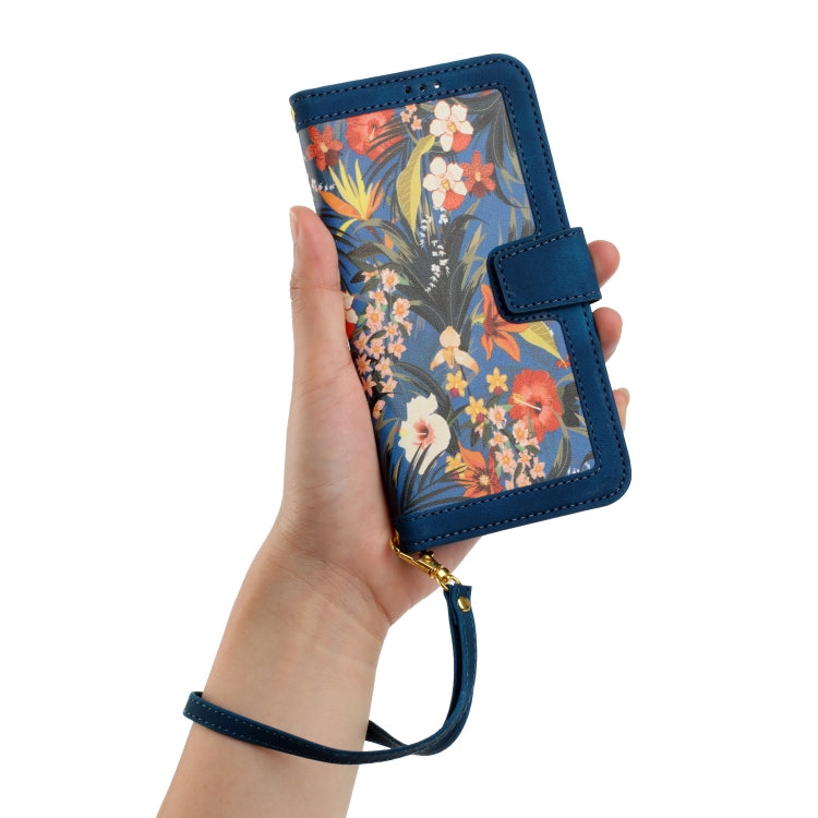 Funda de Cuero iPhone 11 Pro Max Estampado Floral con Cordón (Azul Oscuro)