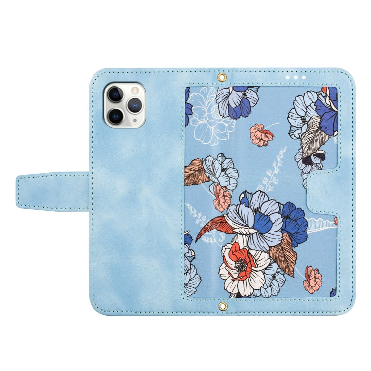 Funda de Cuero para iPhone 11 Pro con Estampado Floral y Cordón (Azul Claro)