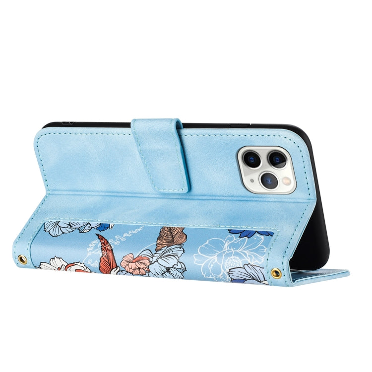 Funda de Cuero para iPhone 11 Pro con Estampado Floral y Cordón (Azul Claro)