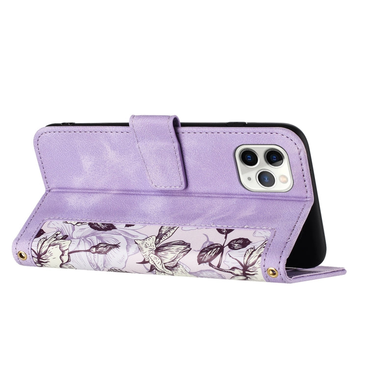 Funda para iPhone 11 Pro Cuero Estampado Floral con Cordón (Morado Claro)