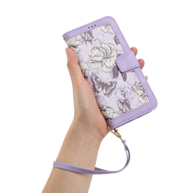 Funda para iPhone 11 Pro Cuero Estampado Floral con Cordón (Morado Claro)