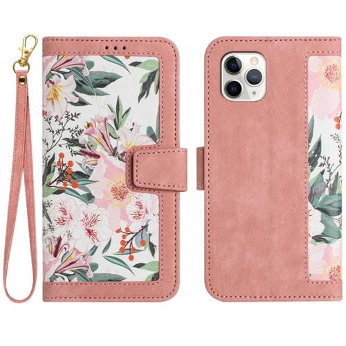 Funda de Cuero para iPhone 11 Pro con Estampado Floral y Cordón (Rosa)