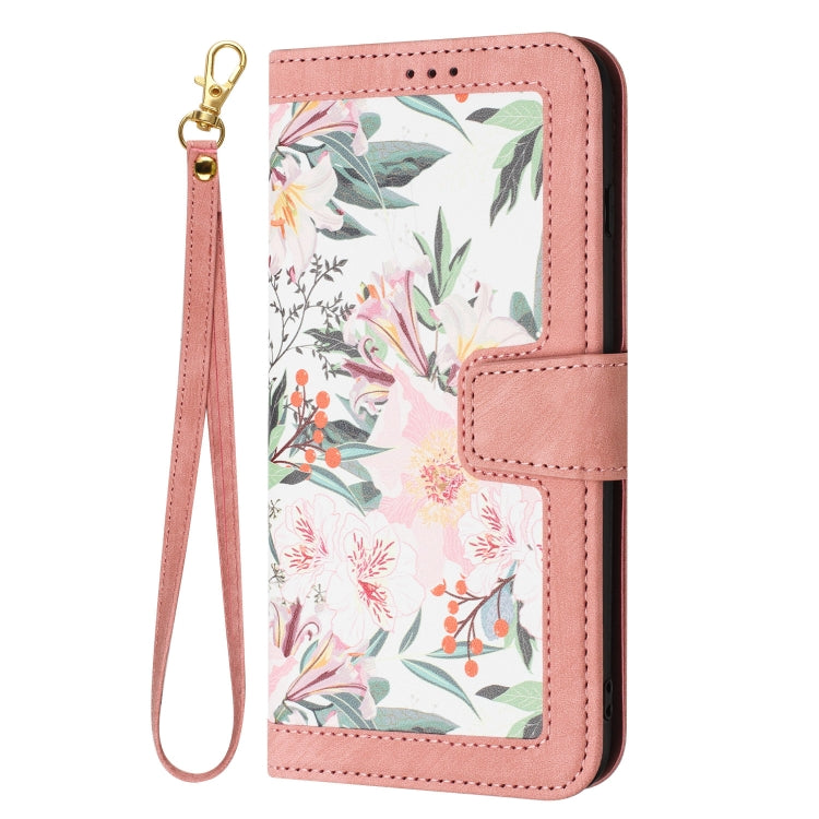 Funda de Cuero para iPhone 11 Pro con Estampado Floral y Cordón (Rosa)