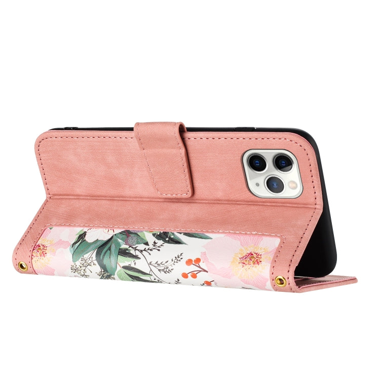 Funda de Cuero para iPhone 11 Pro con Estampado Floral y Cordón (Rosa)