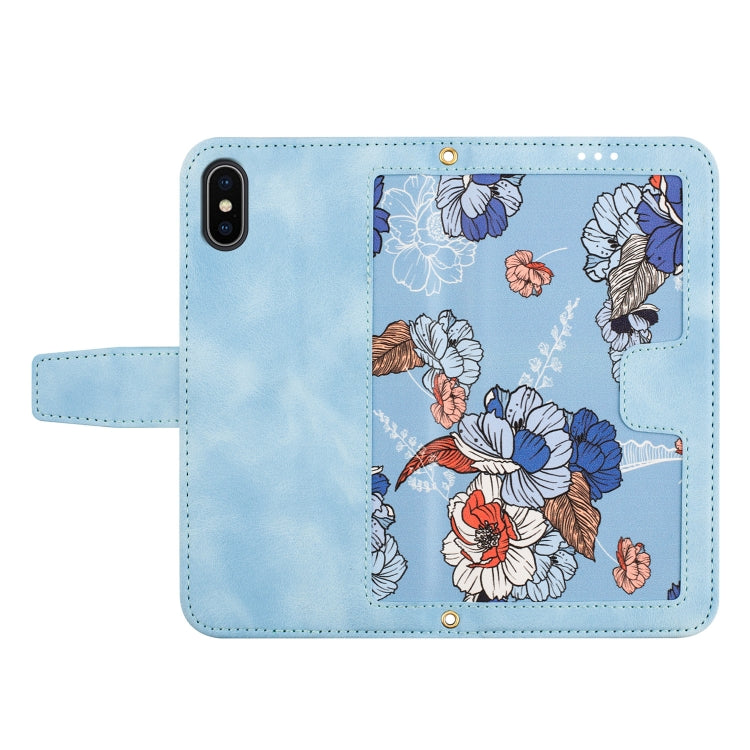 Funda de Cuero para iPhone Xs/X Estampado Floral y Cordón (Azul Claro)